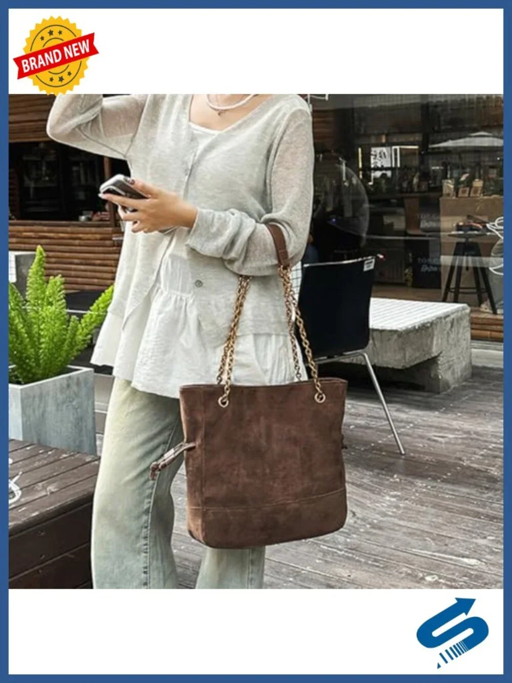 Faux Suede Hobo Shoulder Bag Tote with Chain Strap